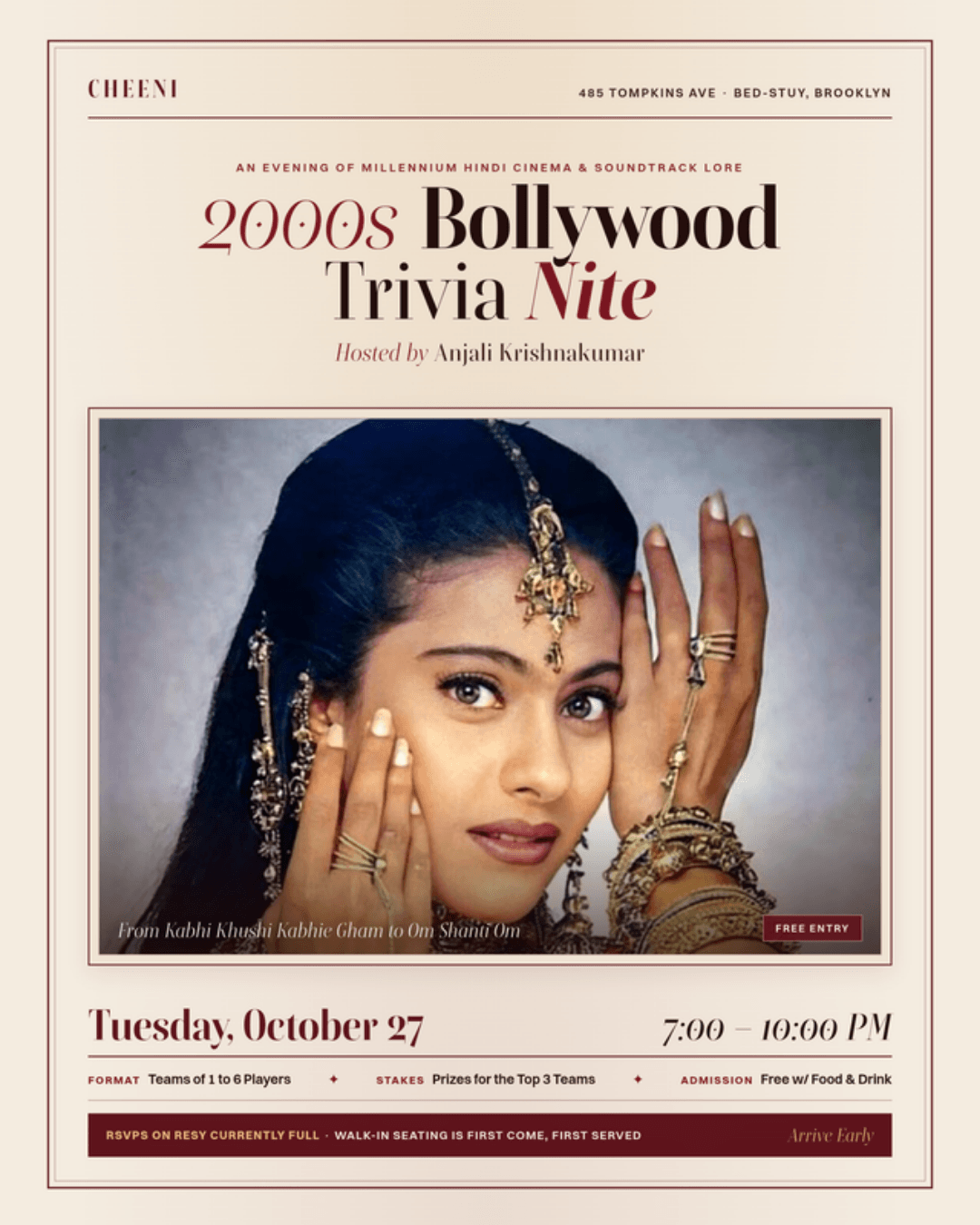 2000s Bollywood Trivia Nite at Cheeni — South Asian event in Bed-Stuy, Brooklyn