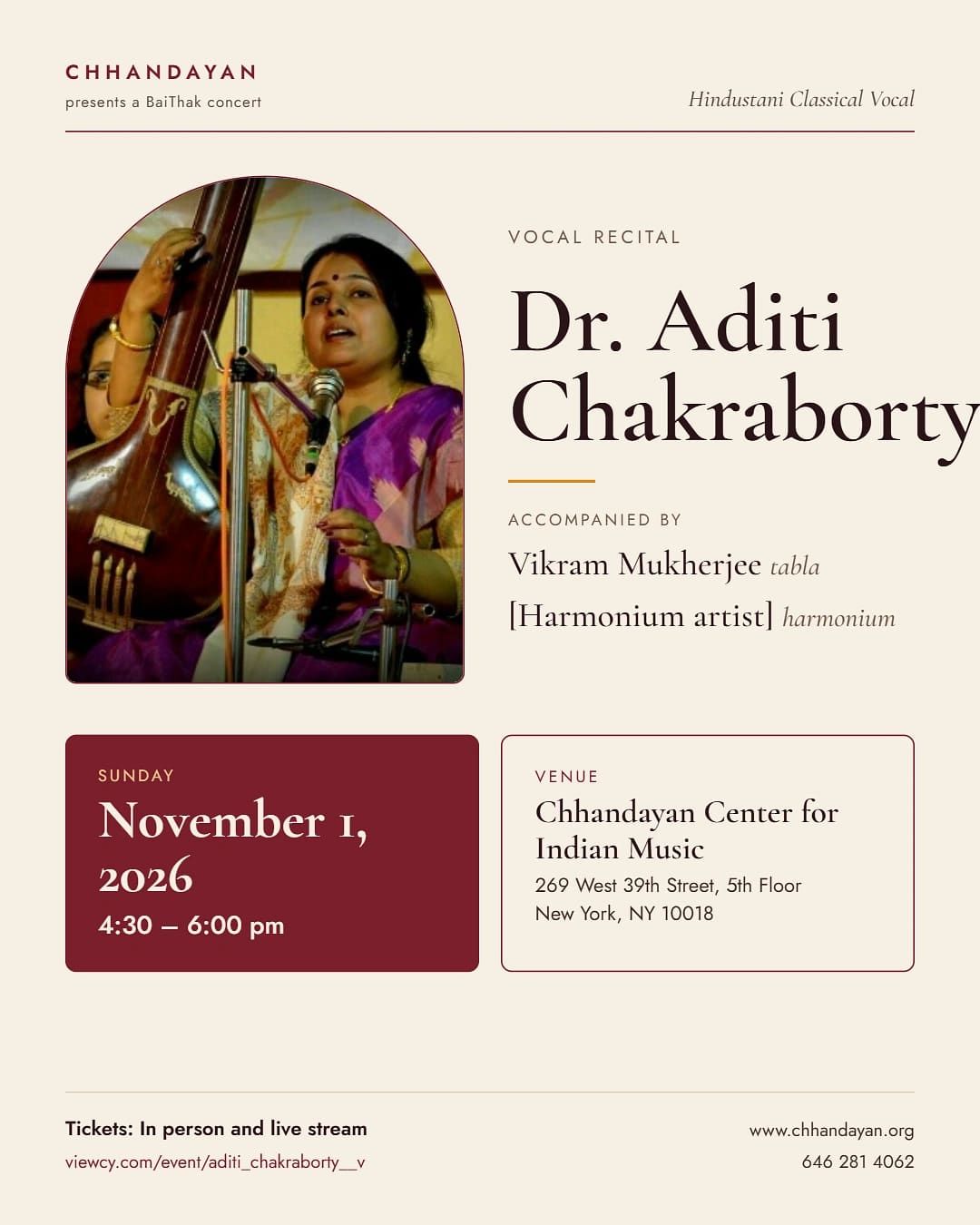 Aditi Chakraborty Vocal Concert — South Asian event in New York, Manhattan